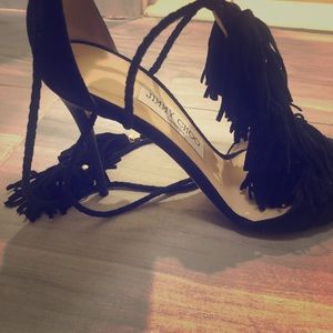 Jimmy choo closed toe black fringe heels